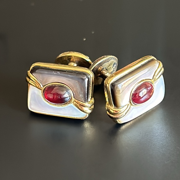 Vintage Kylo Sterling Silver Gold plated Garnet MOP Cufflinks - Picture 4 of 6